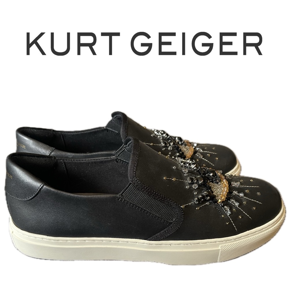 Kurt Geiger Black Leather Slip-On Sneakers with Embellished Evil Eye - Picture 2 of 10